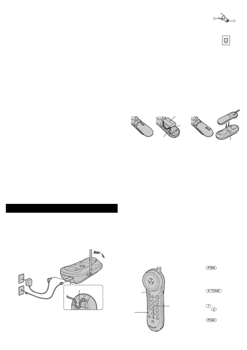 Configuración del teléfono, Precaución, Conexión de la unidad base | Preparación de la batería, Elección del modo de marcación, Si su teléfono dispone de marcadores automáticos, Nota | Sony SPP-N1003 User Manual | Page 7 / 10