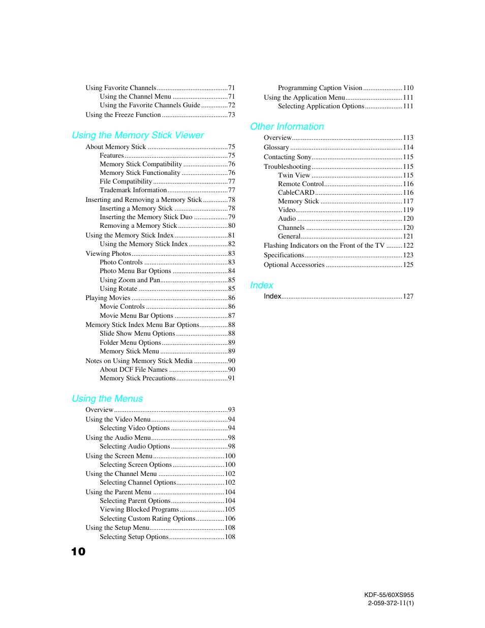 Using the menus, Other information, Index | Sony GRAND WEGA KDF-55XS955 User Manual | Page 10 / 129