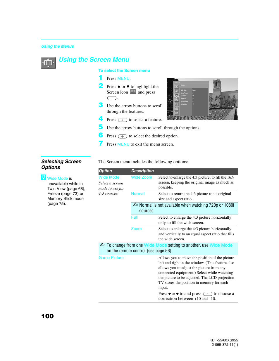 Using the screen menu, Selecting screen options | Sony GRAND WEGA KDF-55XS955 User Manual | Page 100 / 129