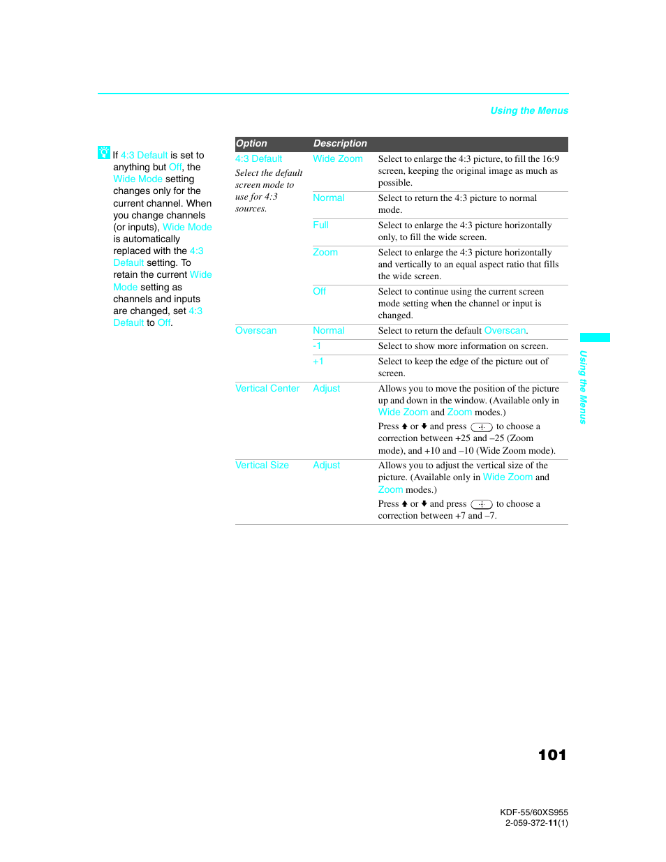 Sony GRAND WEGA KDF-55XS955 User Manual | Page 101 / 129