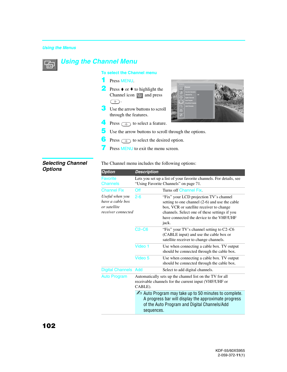 Using the channel menu, Selecting channel options | Sony GRAND WEGA KDF-55XS955 User Manual | Page 102 / 129