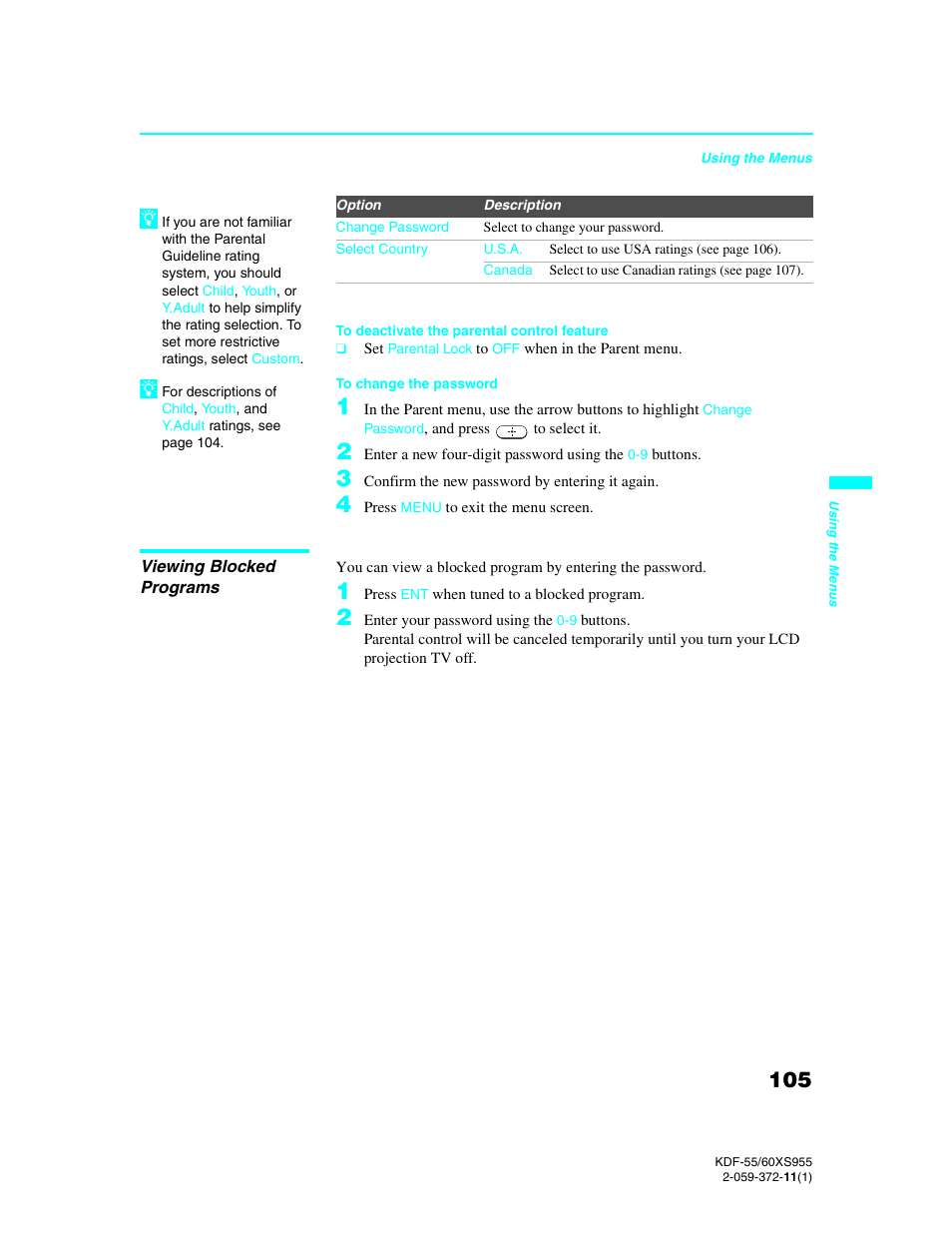 Viewing blocked programs | Sony GRAND WEGA KDF-55XS955 User Manual | Page 105 / 129