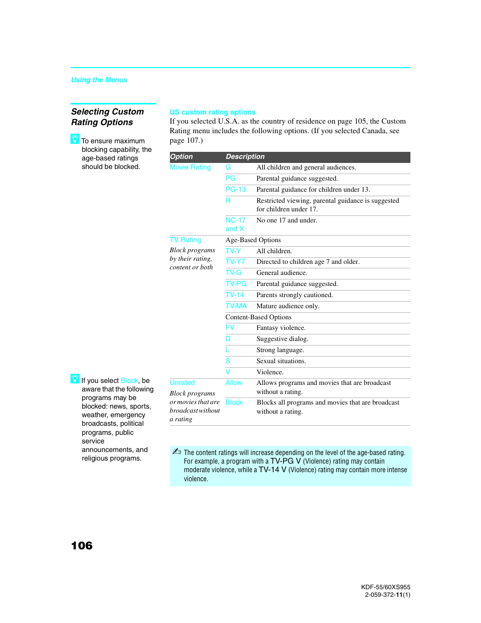 Selecting custom rating options | Sony GRAND WEGA KDF-55XS955 User Manual | Page 106 / 129