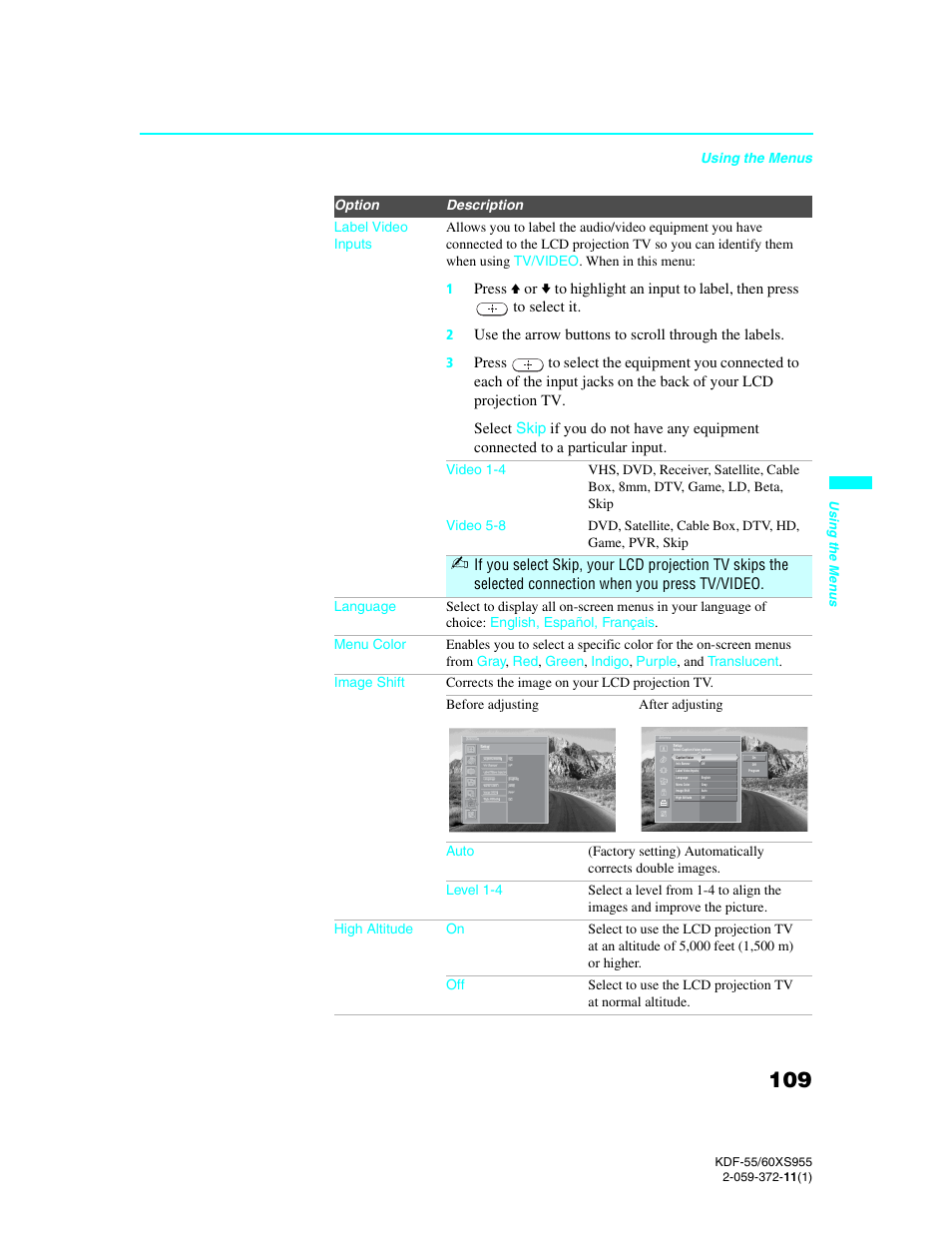 Use the arrow buttons to scroll through the labels, Using the menus | Sony GRAND WEGA KDF-55XS955 User Manual | Page 109 / 129