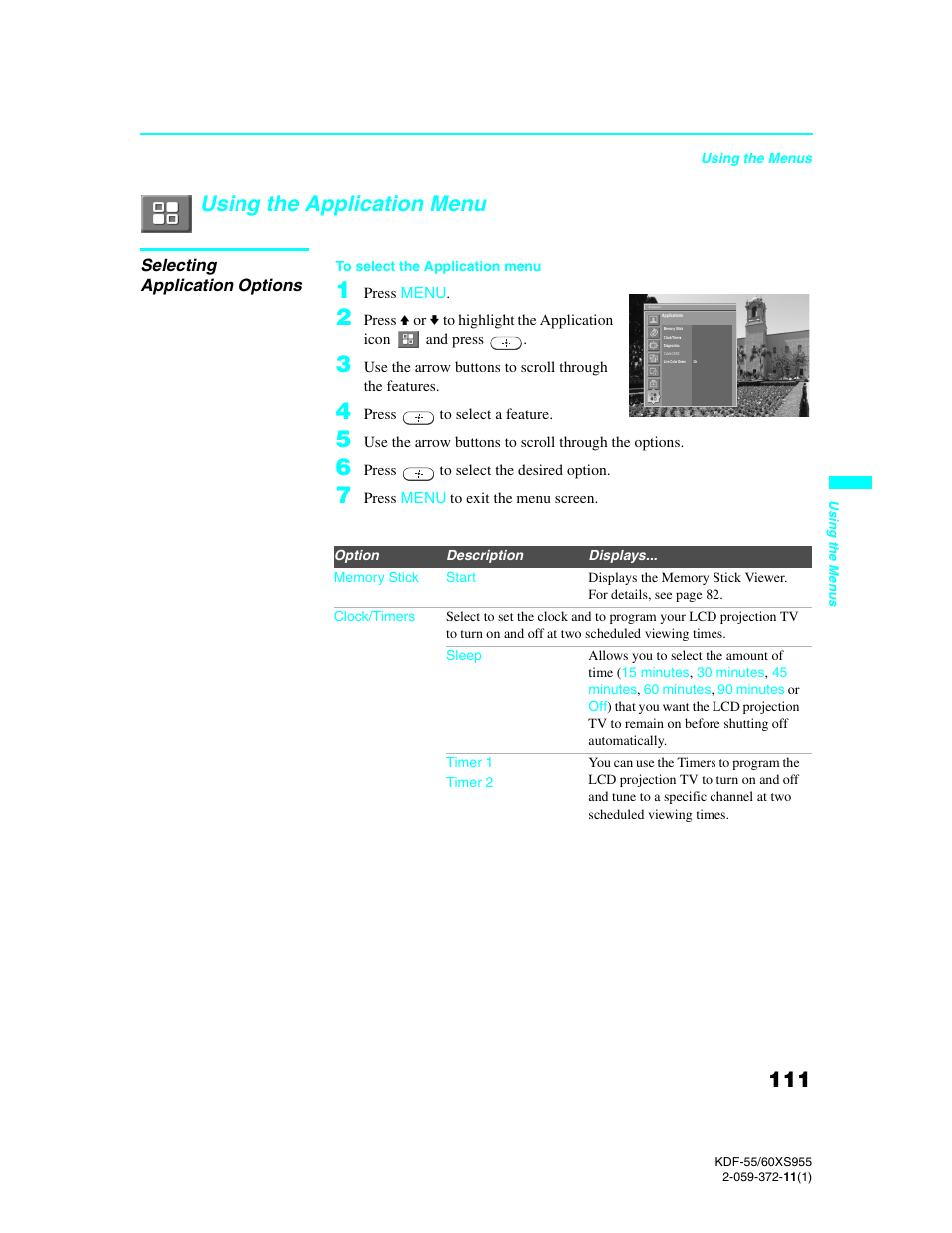 Using the application menu, Selecting application options | Sony GRAND WEGA KDF-55XS955 User Manual | Page 111 / 129