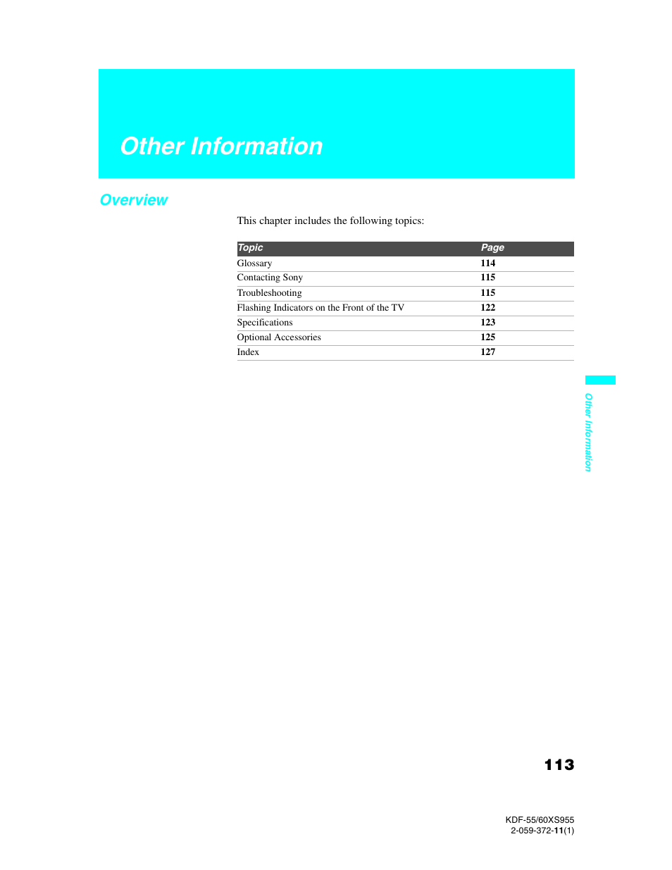 Other information, Overview | Sony GRAND WEGA KDF-55XS955 User Manual | Page 113 / 129