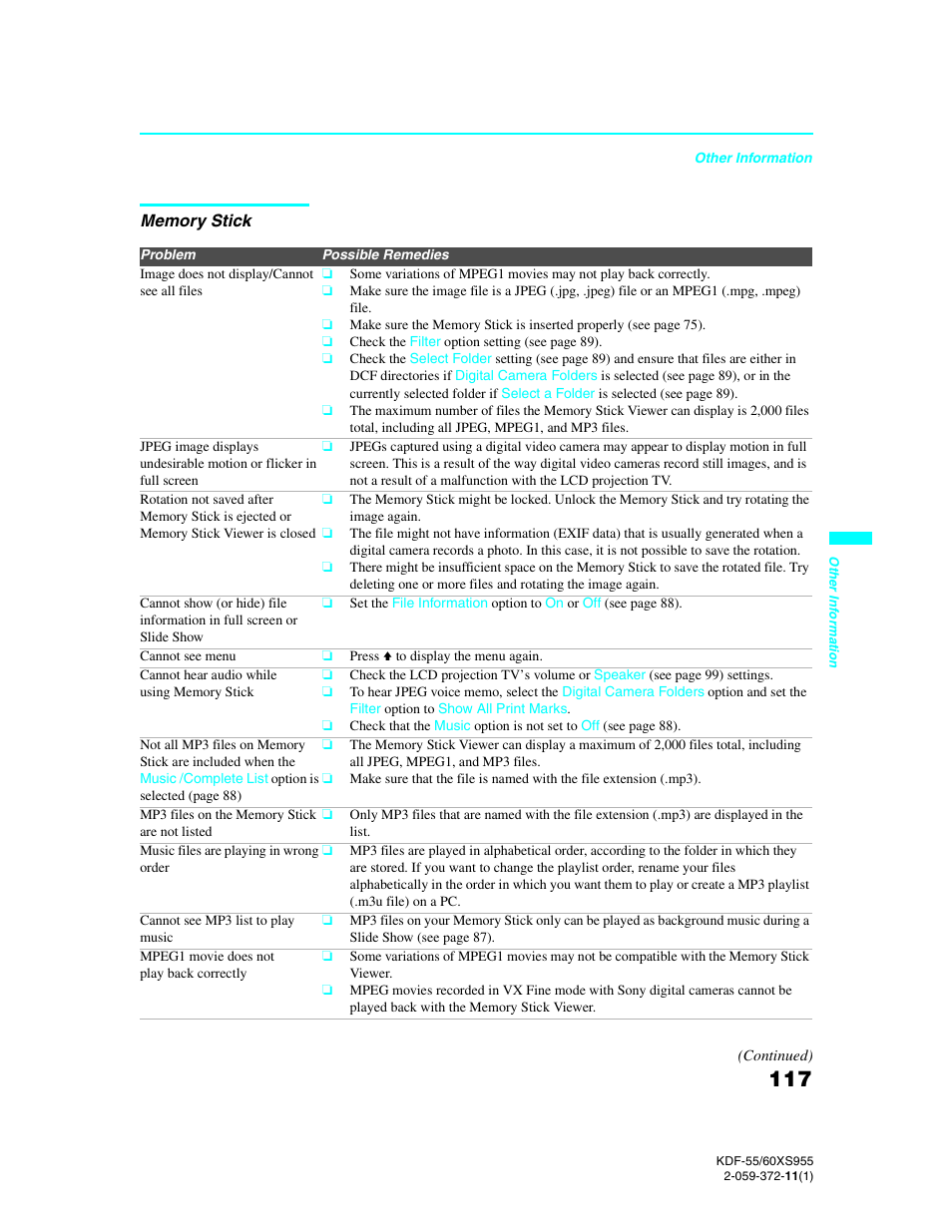 Memory stick | Sony GRAND WEGA KDF-55XS955 User Manual | Page 117 / 129