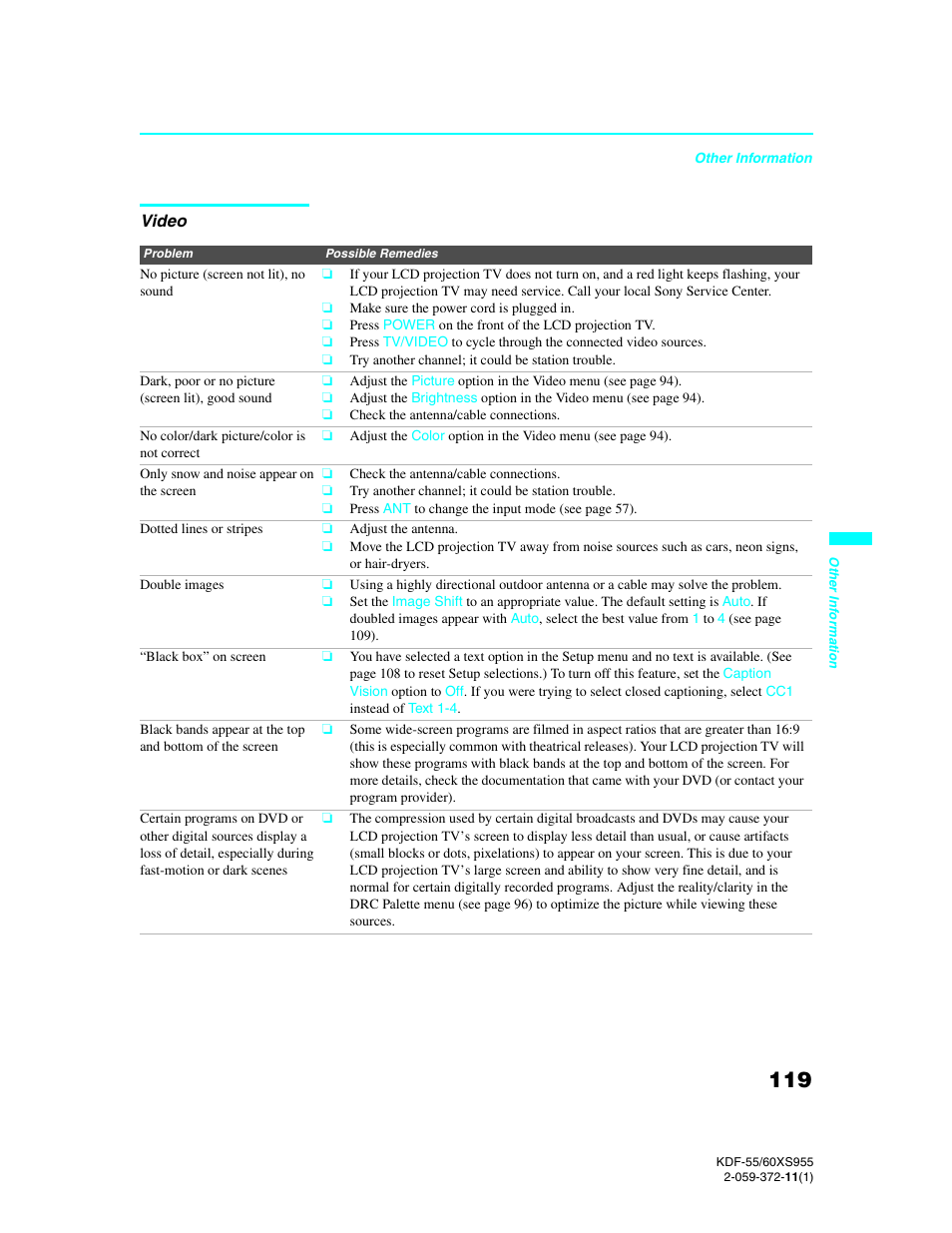 Video | Sony GRAND WEGA KDF-55XS955 User Manual | Page 119 / 129