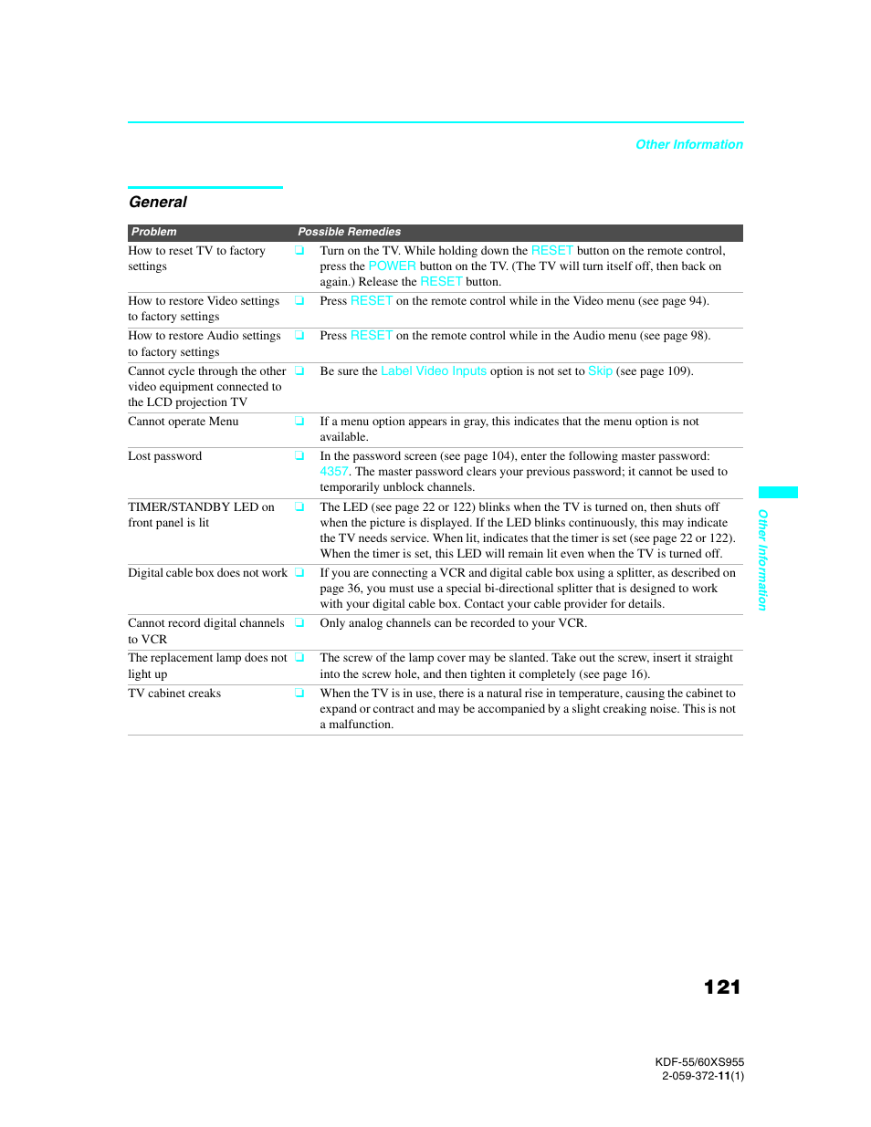 General | Sony GRAND WEGA KDF-55XS955 User Manual | Page 121 / 129