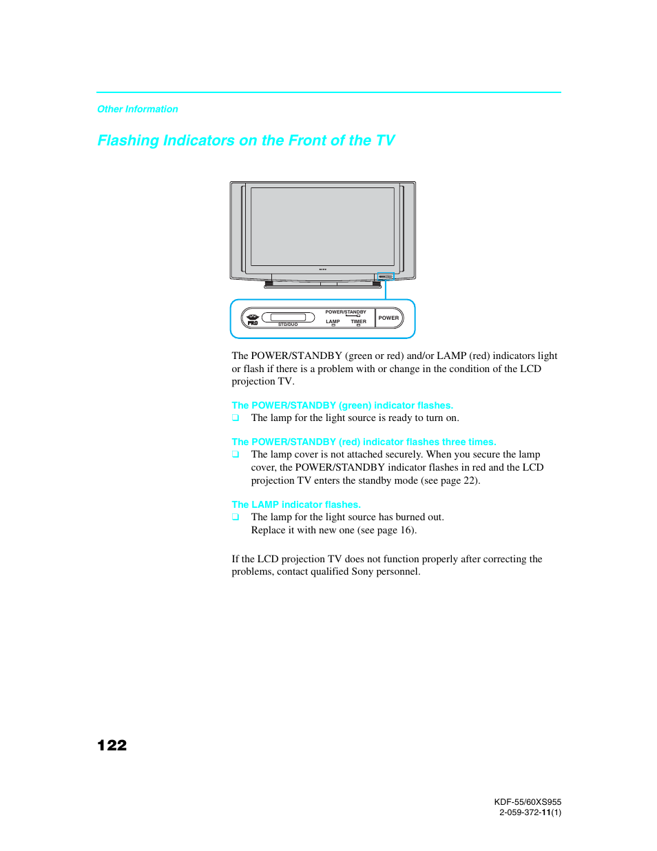 Flashing indicators on the front of the tv | Sony GRAND WEGA KDF-55XS955 User Manual | Page 122 / 129