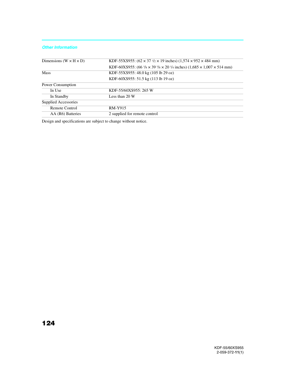 Sony GRAND WEGA KDF-55XS955 User Manual | Page 124 / 129