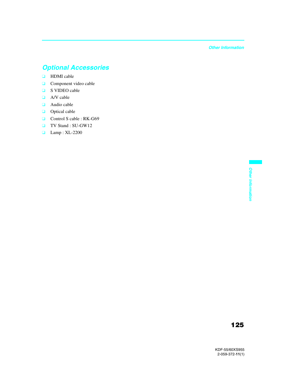 Optional accessories | Sony GRAND WEGA KDF-55XS955 User Manual | Page 125 / 129