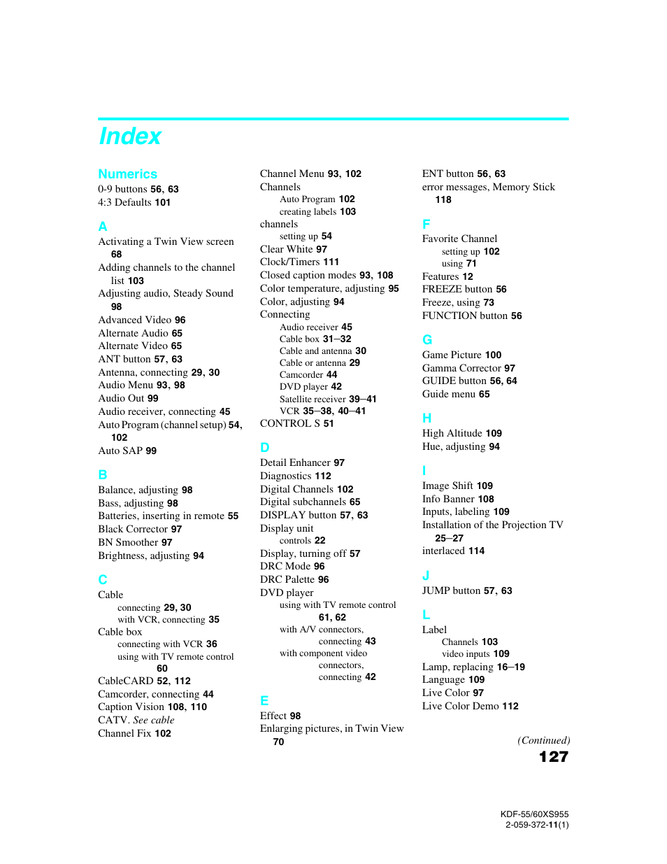 Index | Sony GRAND WEGA KDF-55XS955 User Manual | Page 127 / 129