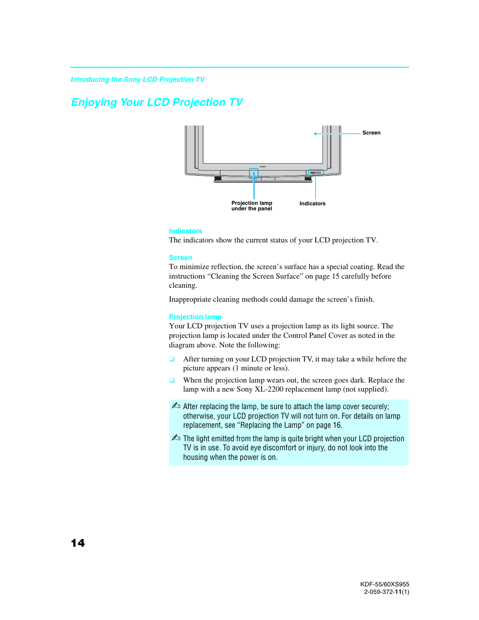 Enjoying your lcd projection tv | Sony GRAND WEGA KDF-55XS955 User Manual | Page 14 / 129