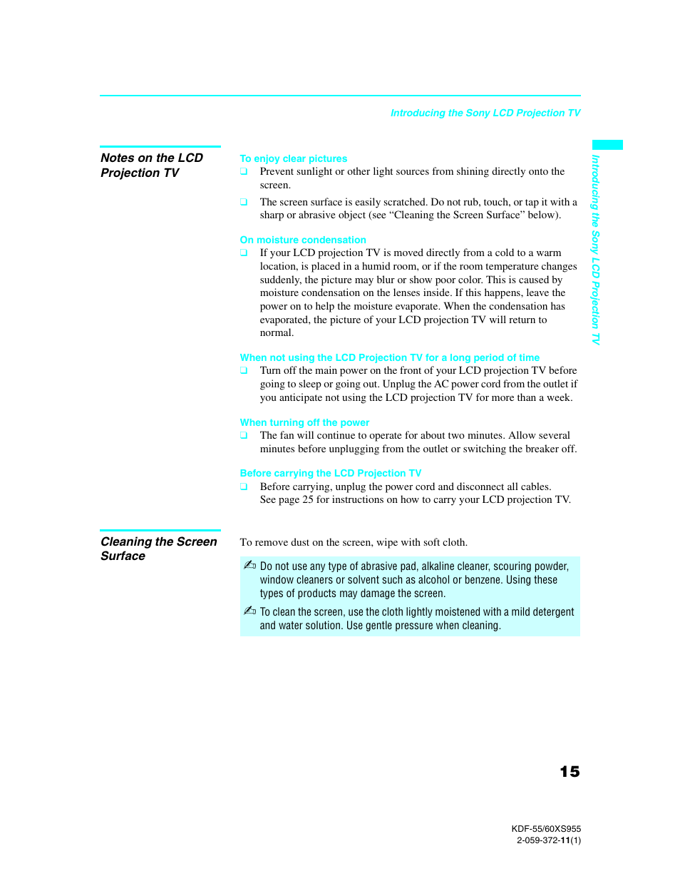 Notes on the lcd projection tv, Cleaning the screen surface | Sony GRAND WEGA KDF-55XS955 User Manual | Page 15 / 129