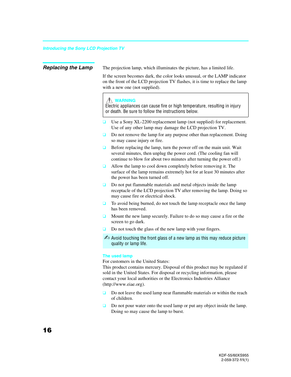 Replacing the lamp | Sony GRAND WEGA KDF-55XS955 User Manual | Page 16 / 129