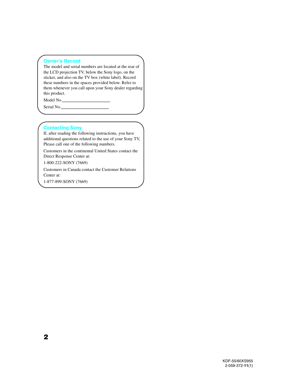 Sony GRAND WEGA KDF-55XS955 User Manual | Page 2 / 129