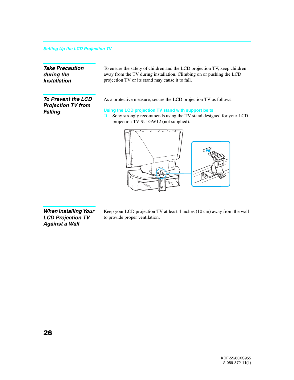 Take precaution during the installation, To prevent the lcd projection tv from falling | Sony GRAND WEGA KDF-55XS955 User Manual | Page 26 / 129