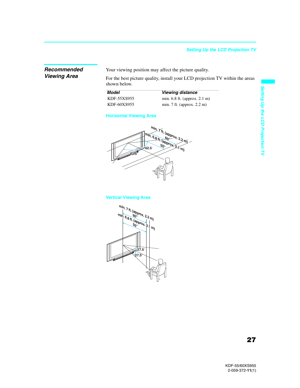 Recommended viewing area | Sony GRAND WEGA KDF-55XS955 User Manual | Page 27 / 129