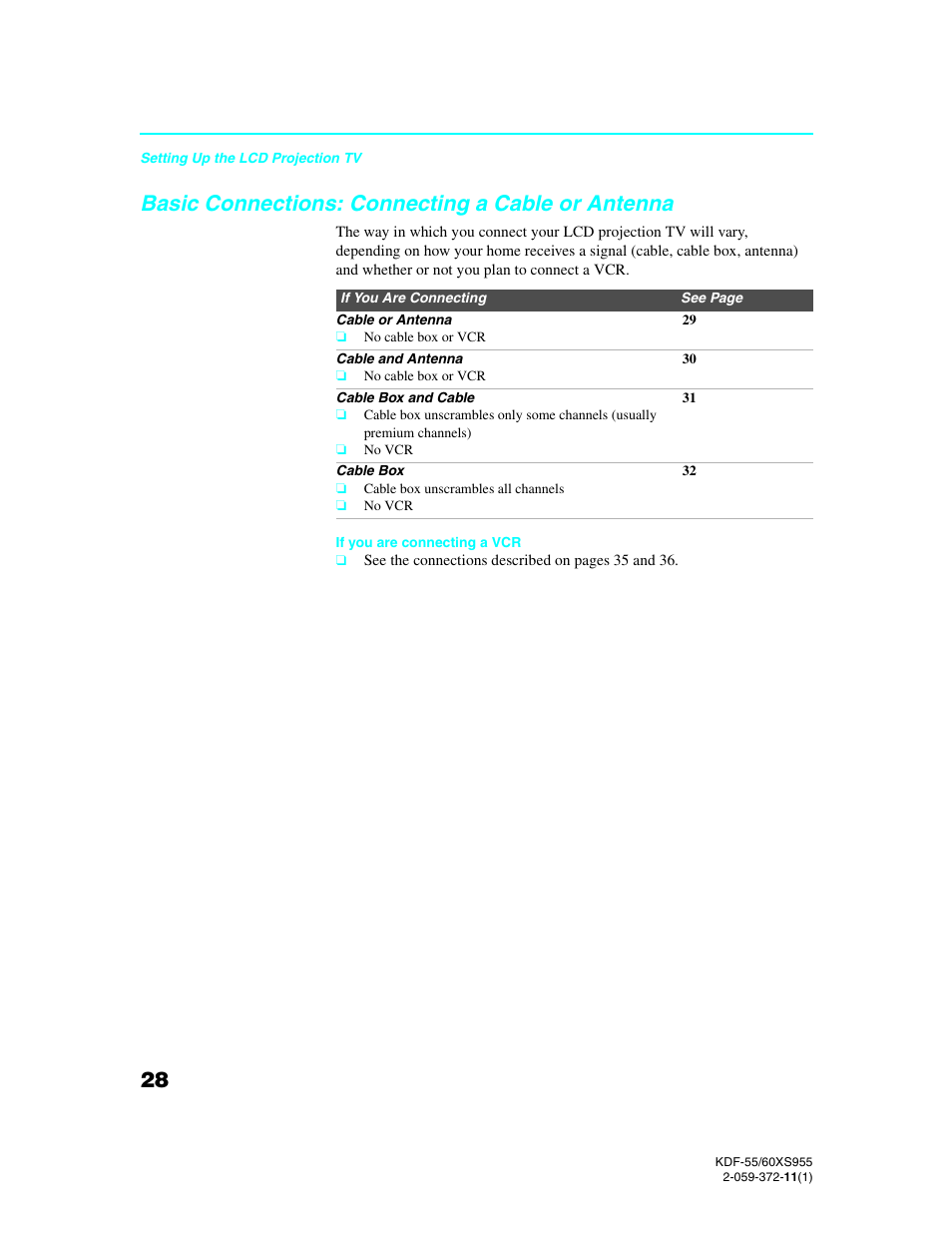 Basic connections: connecting a cable or antenna, Basic connections: connecting a cable or, Antenna | Sony GRAND WEGA KDF-55XS955 User Manual | Page 28 / 129