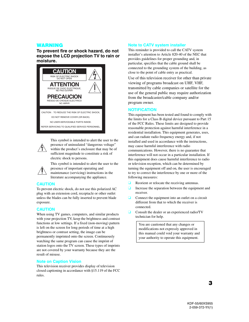 Caution, Attention, Precaucion | Warning | Sony GRAND WEGA KDF-55XS955 User Manual | Page 3 / 129