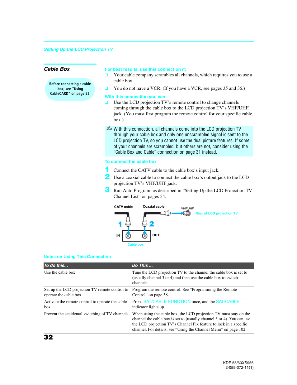 Cable box | Sony GRAND WEGA KDF-55XS955 User Manual | Page 32 / 129