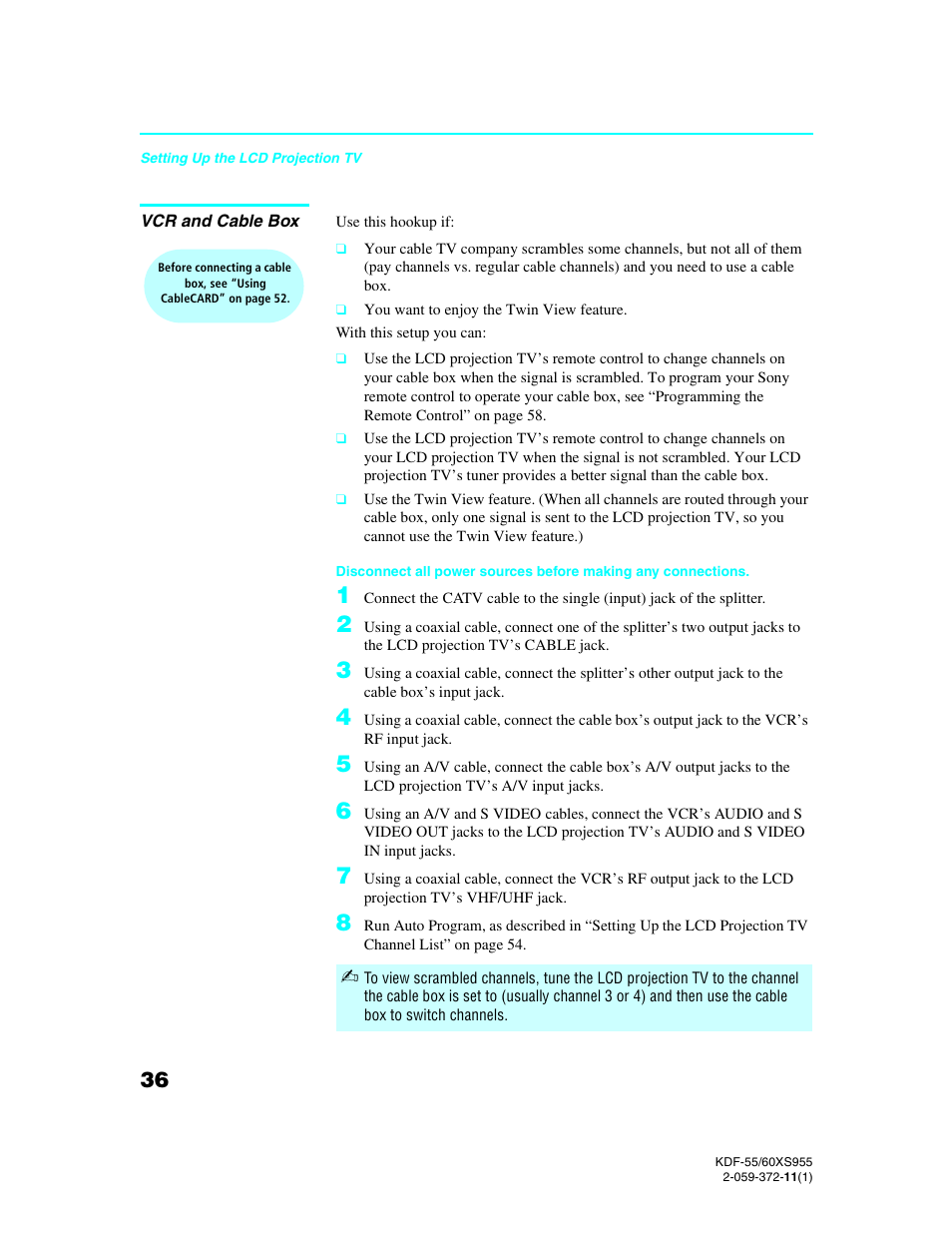 Vcr and cable box | Sony GRAND WEGA KDF-55XS955 User Manual | Page 36 / 129