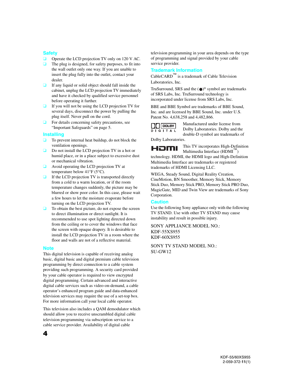 Sony GRAND WEGA KDF-55XS955 User Manual | Page 4 / 129