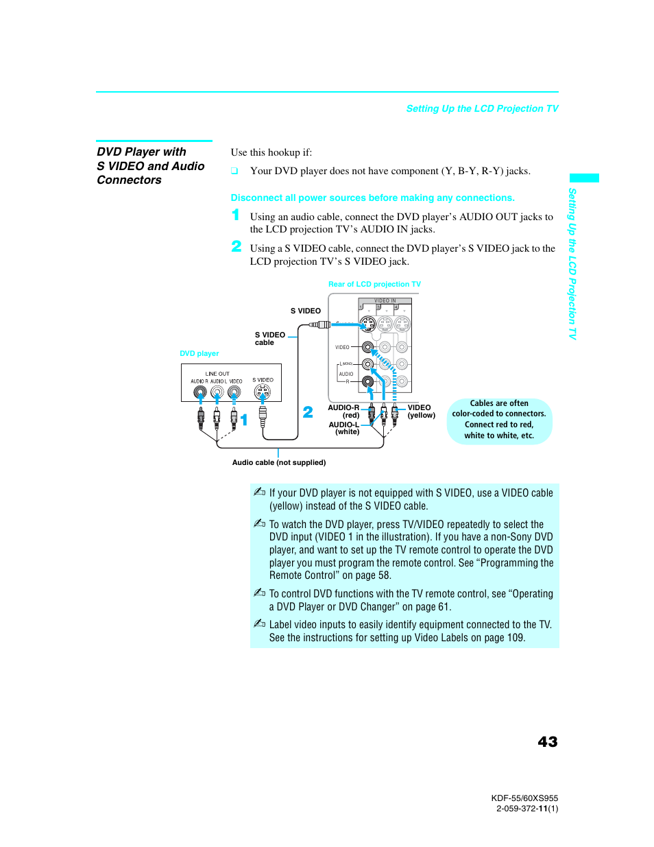 Dvd player with s video and audio connectors | Sony GRAND WEGA KDF-55XS955 User Manual | Page 43 / 129