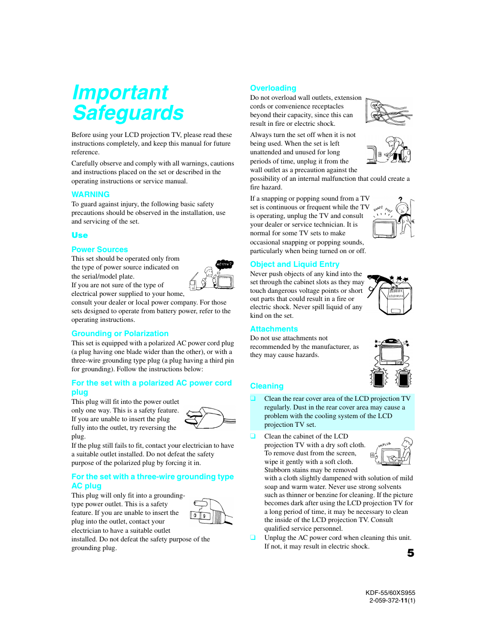 Important safeguards | Sony GRAND WEGA KDF-55XS955 User Manual | Page 5 / 129