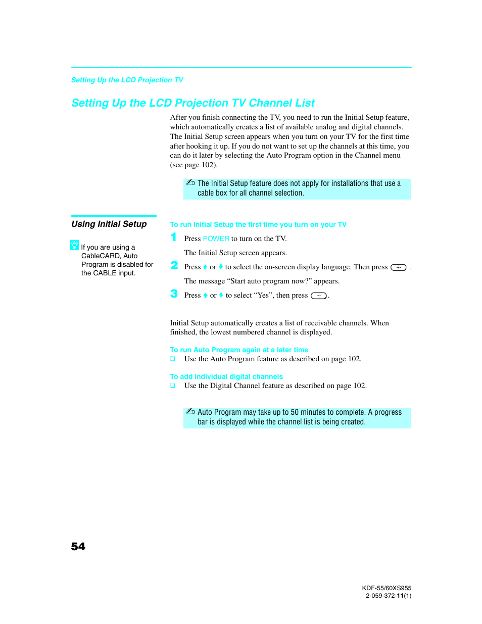 Setting up the lcd projection tv channel list, Using initial setup | Sony GRAND WEGA KDF-55XS955 User Manual | Page 54 / 129