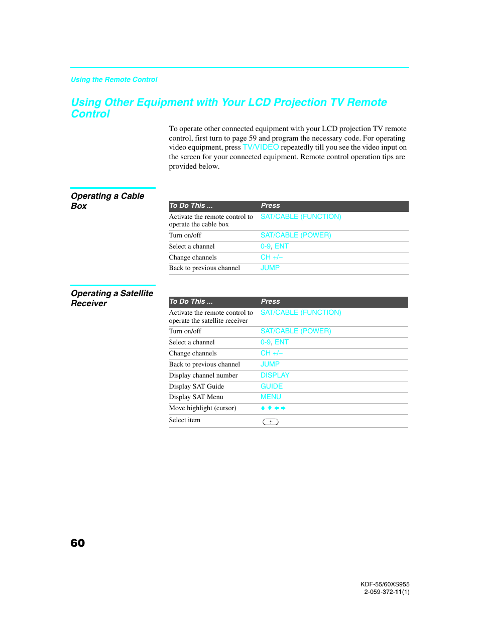 Operating a cable box, Operating a satellite receiver, Using other equipment with your lcd projection | Tv remote control operating a cable box | Sony GRAND WEGA KDF-55XS955 User Manual | Page 60 / 129