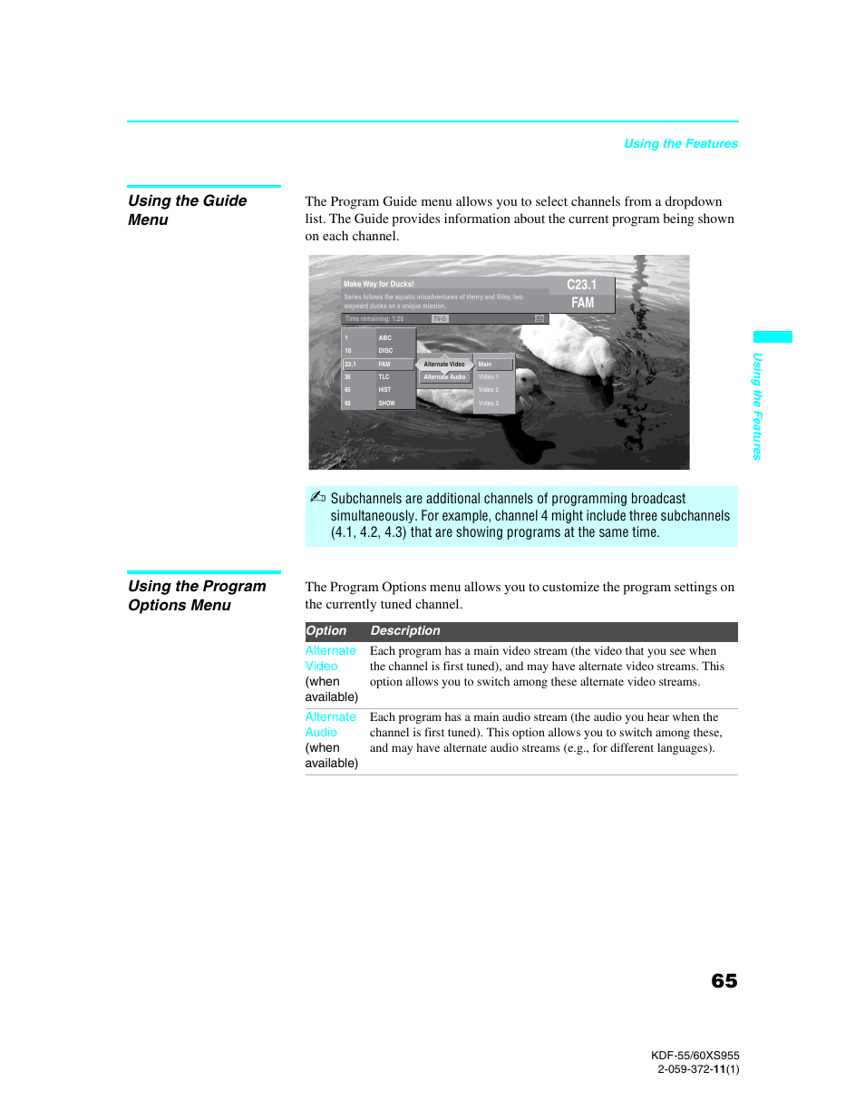 Using the guide menu, Using the program options menu | Sony GRAND WEGA KDF-55XS955 User Manual | Page 65 / 129