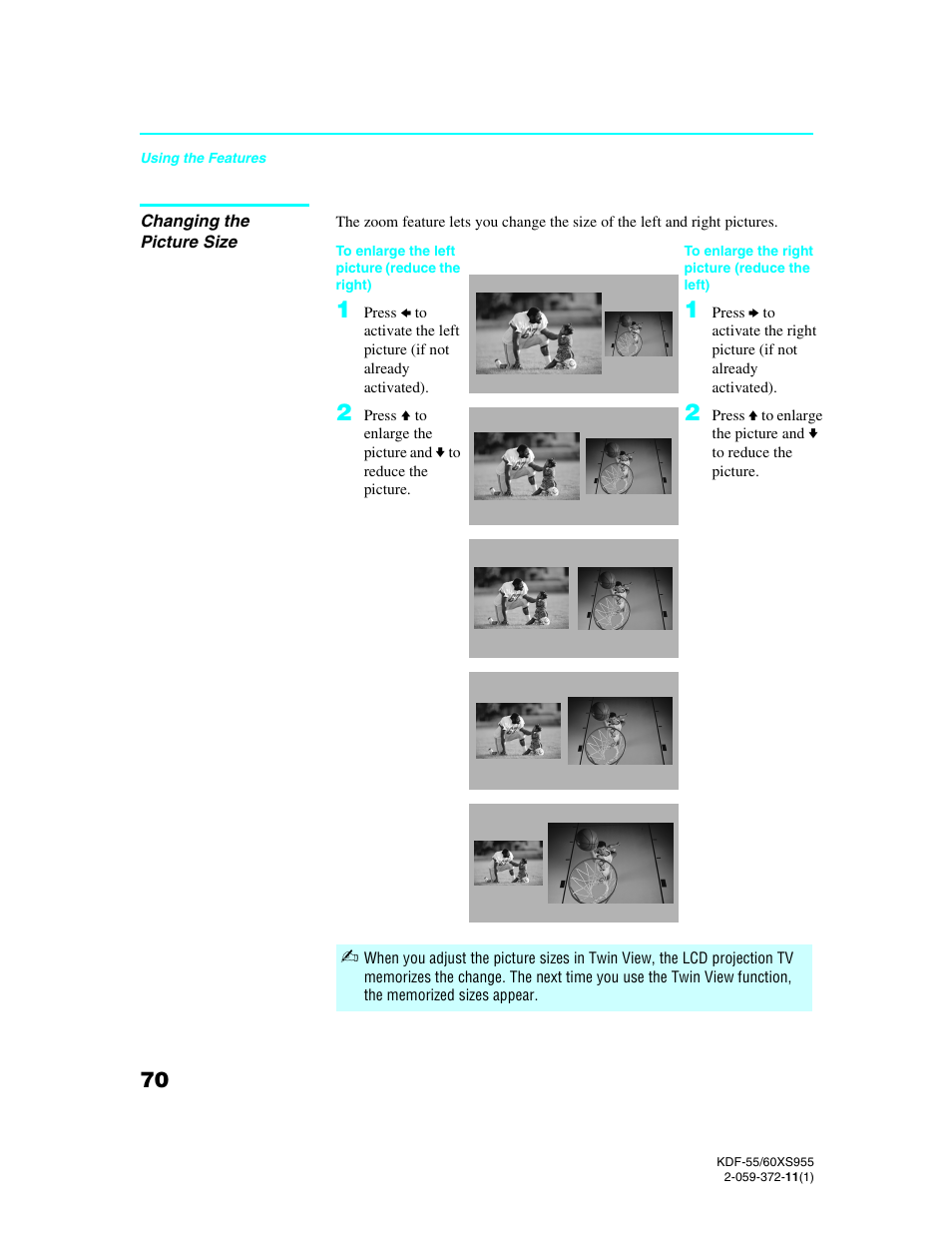 Changing the picture size, Changing the | Sony GRAND WEGA KDF-55XS955 User Manual | Page 70 / 129