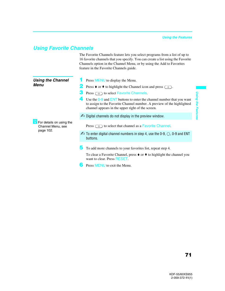 Using favorite channels, Using the channel menu | Sony GRAND WEGA KDF-55XS955 User Manual | Page 71 / 129