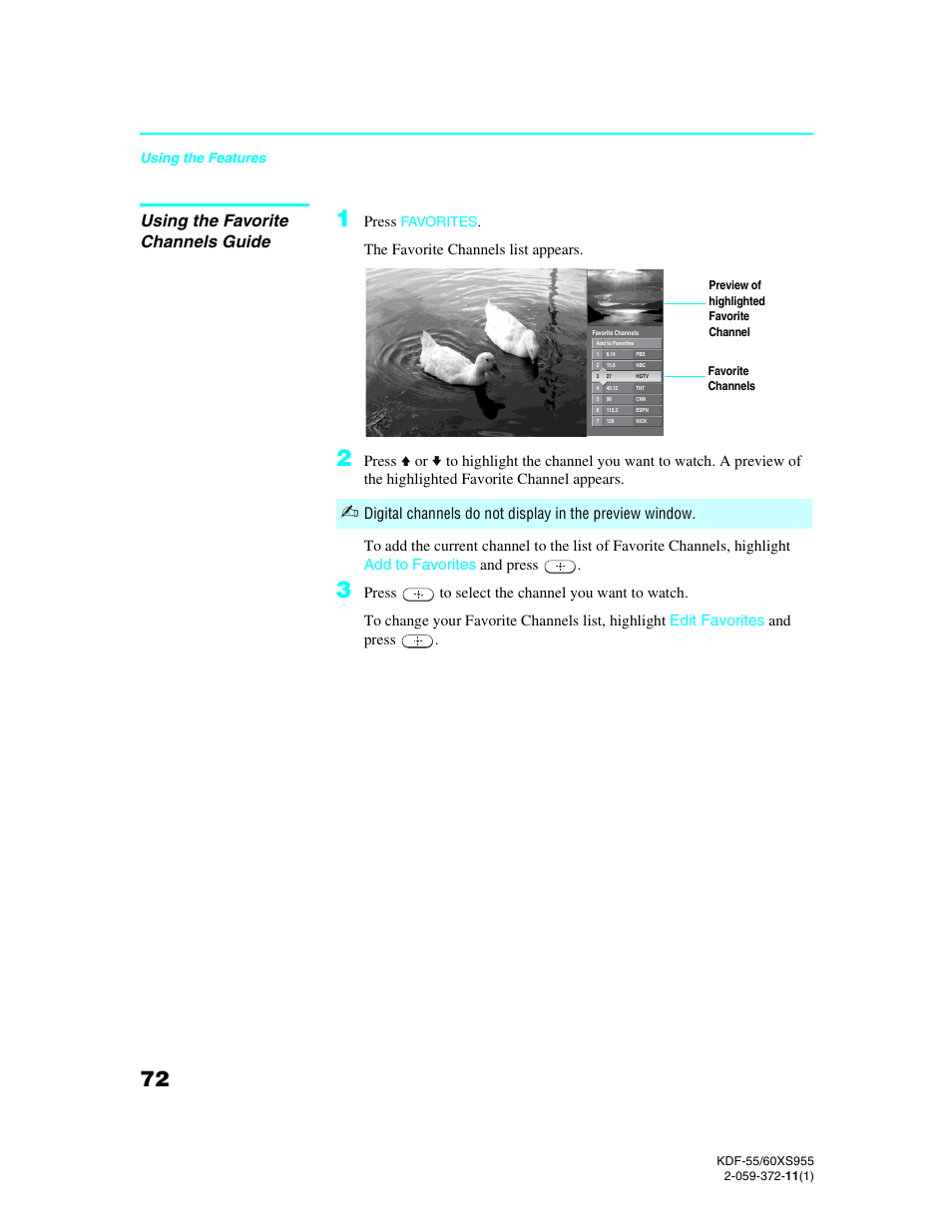 Using the favorite channels guide | Sony GRAND WEGA KDF-55XS955 User Manual | Page 72 / 129