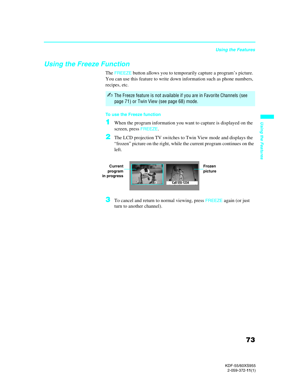 Using the freeze function | Sony GRAND WEGA KDF-55XS955 User Manual | Page 73 / 129