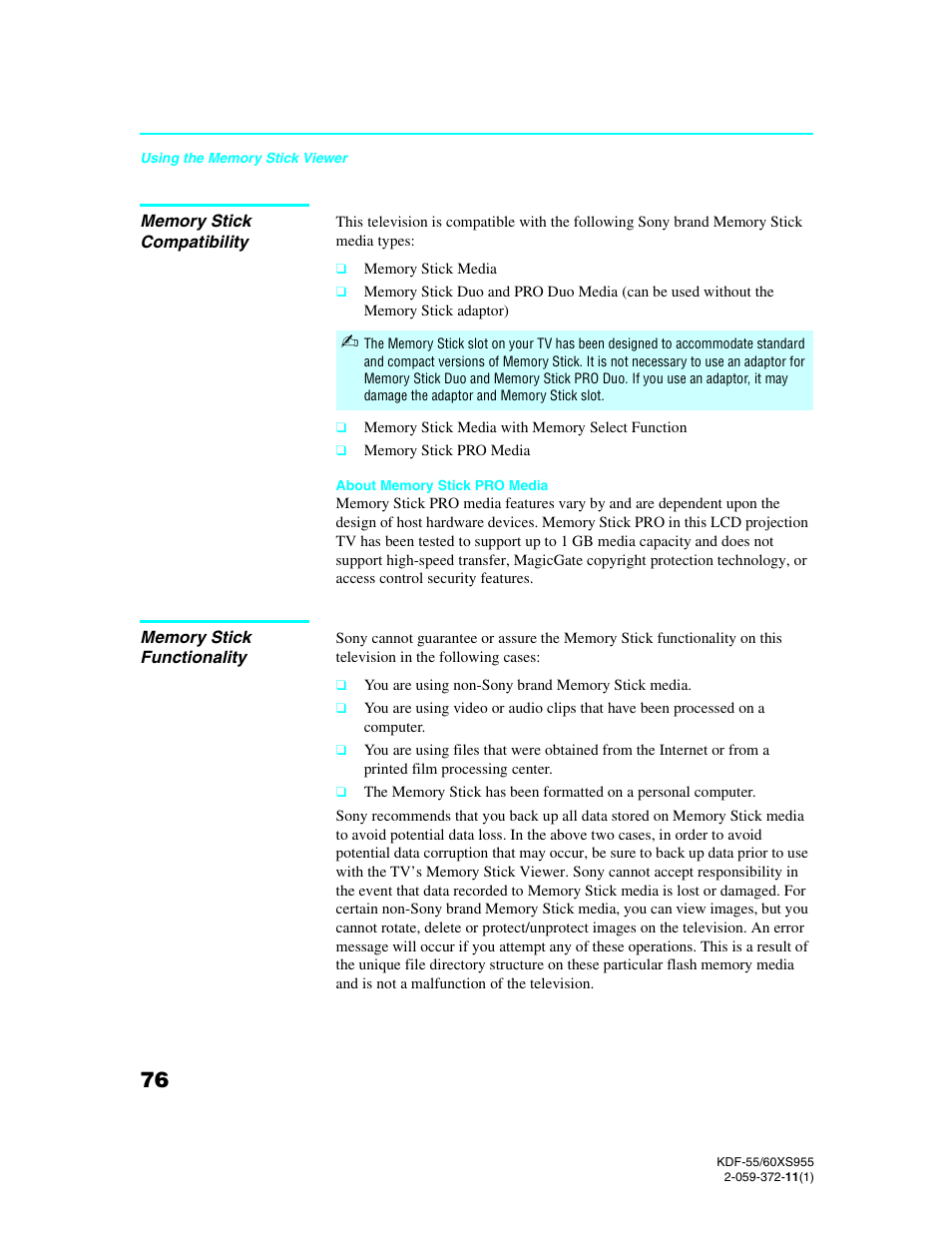 Memory stick compatibility, Memory stick functionality | Sony GRAND WEGA KDF-55XS955 User Manual | Page 76 / 129