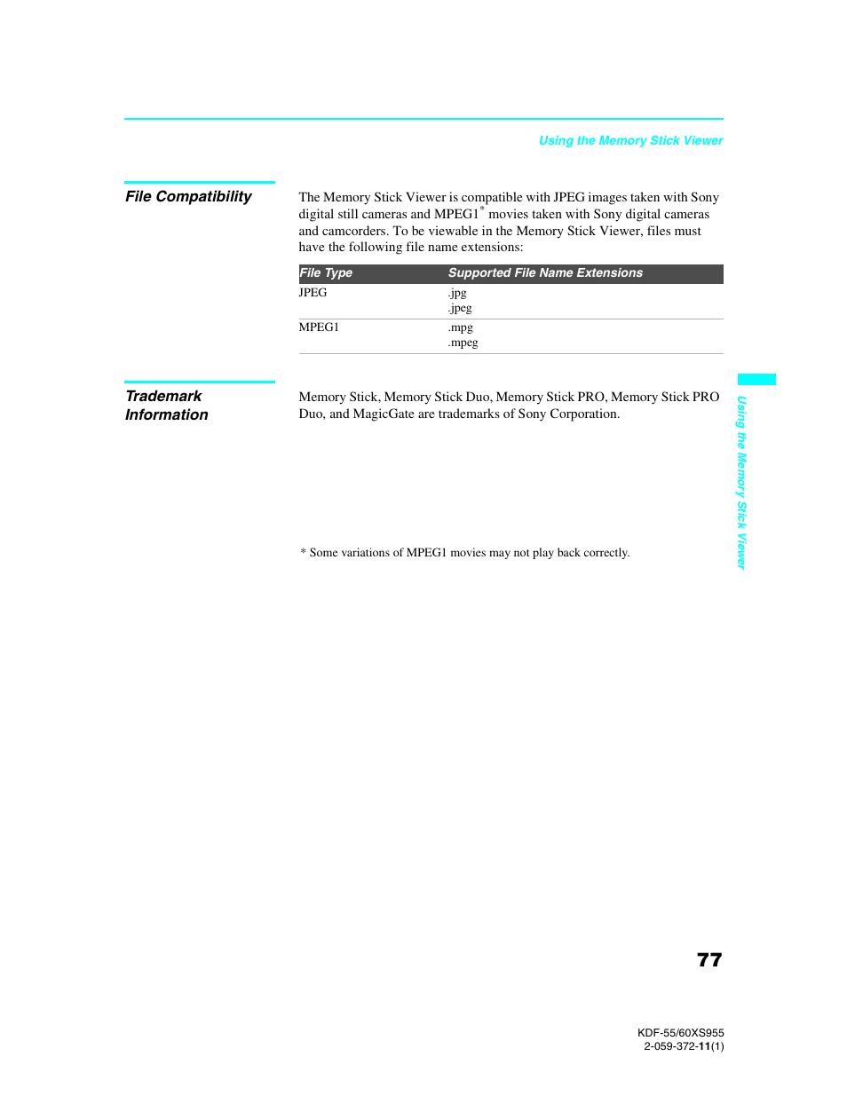 File compatibility, Trademark information | Sony GRAND WEGA KDF-55XS955 User Manual | Page 77 / 129