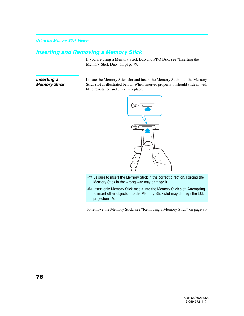 Inserting and removing a memory stick, Inserting a memory stick | Sony GRAND WEGA KDF-55XS955 User Manual | Page 78 / 129