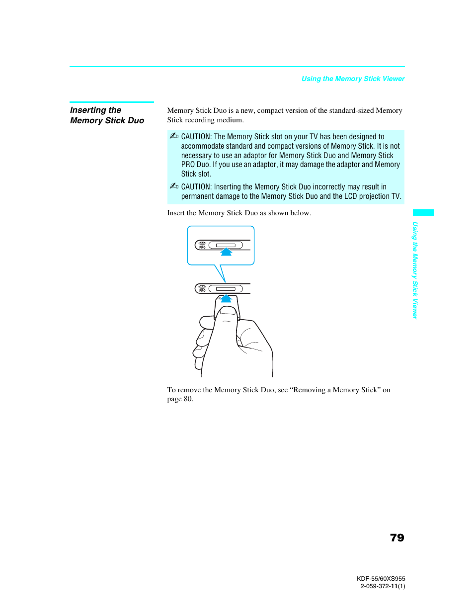 Inserting the memory stick duo | Sony GRAND WEGA KDF-55XS955 User Manual | Page 79 / 129