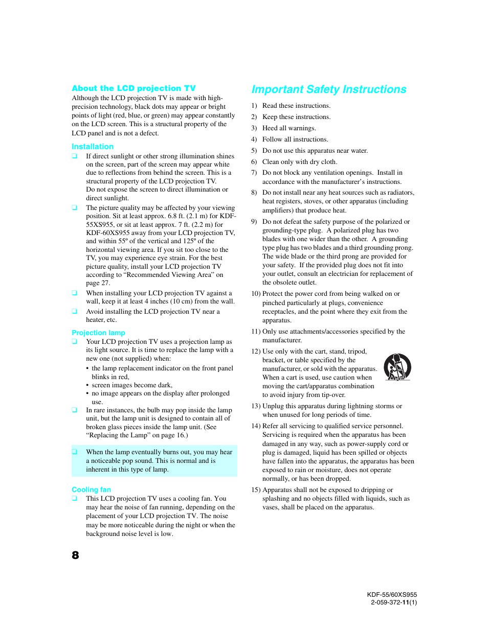 Important safety instructions | Sony GRAND WEGA KDF-55XS955 User Manual | Page 8 / 129