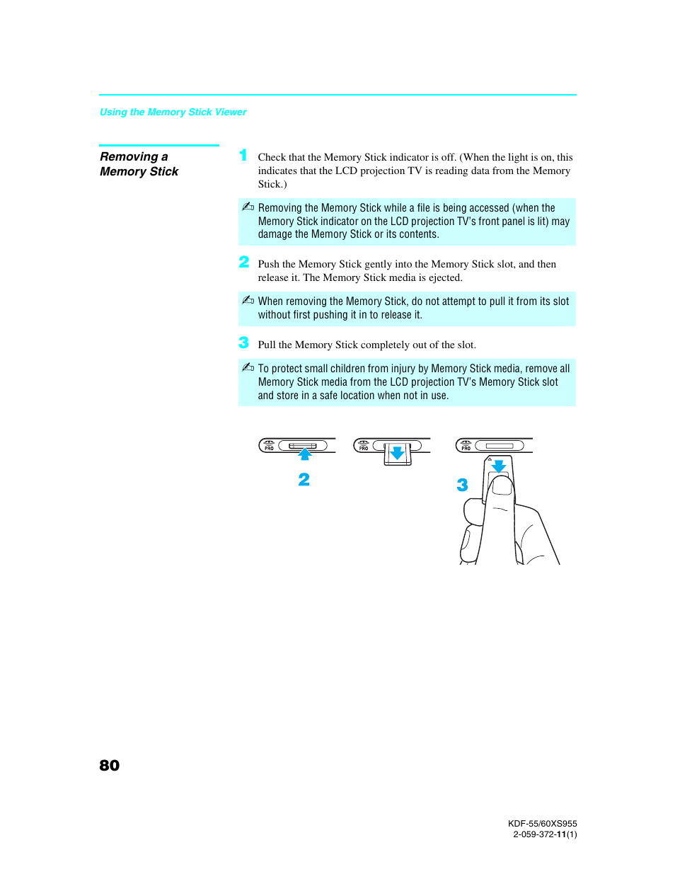 Removing a memory stick | Sony GRAND WEGA KDF-55XS955 User Manual | Page 80 / 129