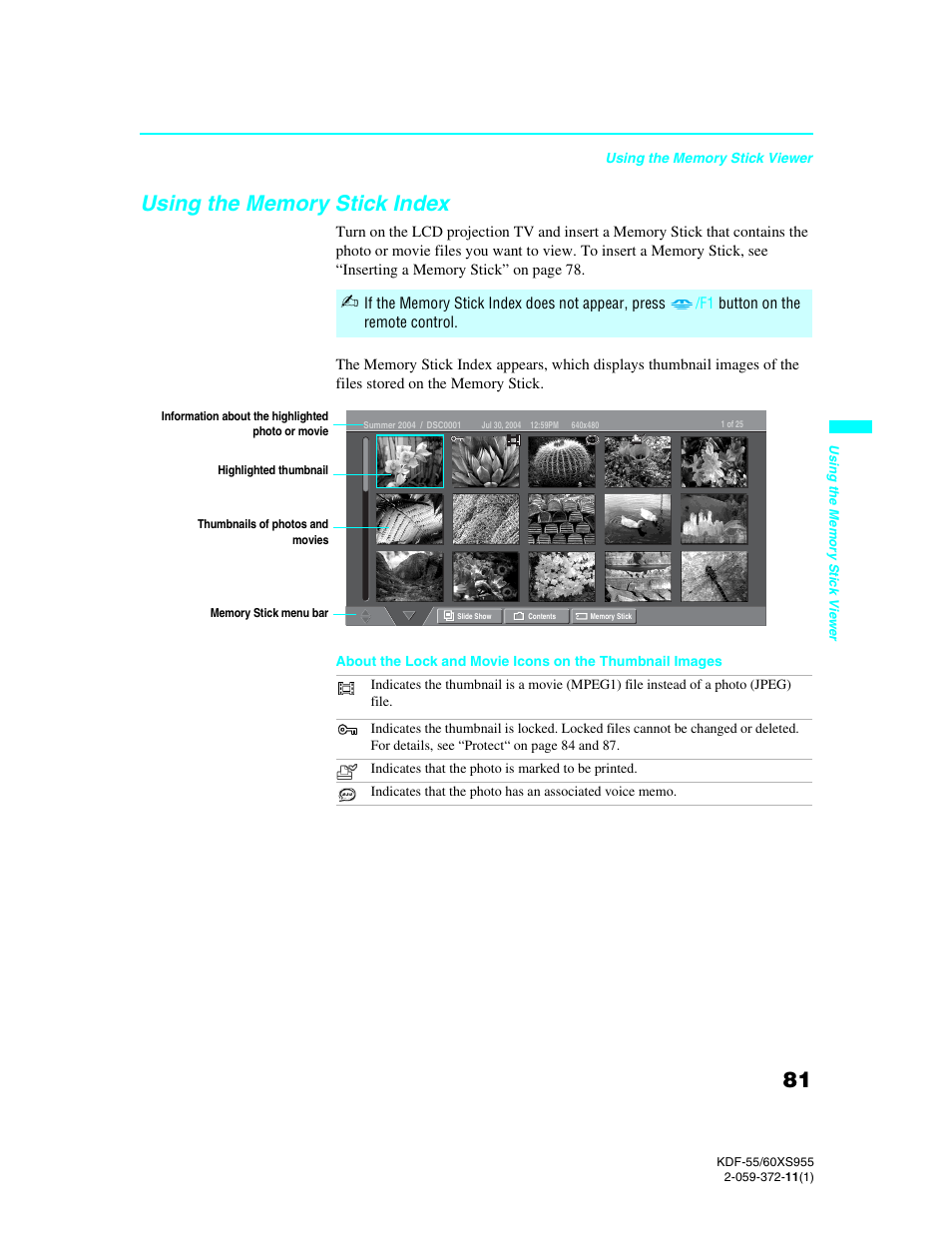 Using the memory stick index | Sony GRAND WEGA KDF-55XS955 User Manual | Page 81 / 129