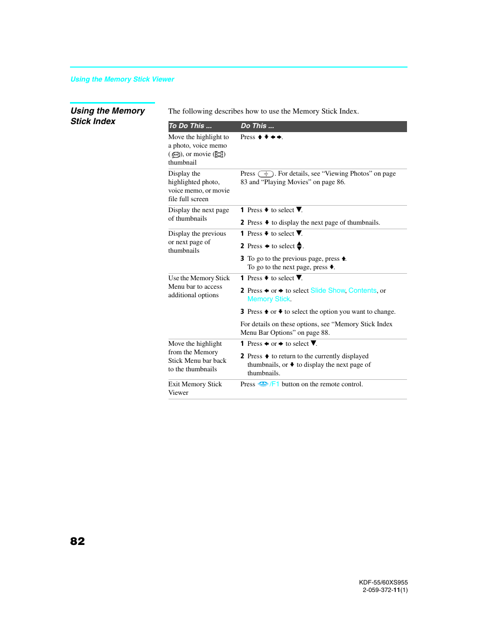 Using the memory stick index | Sony GRAND WEGA KDF-55XS955 User Manual | Page 82 / 129