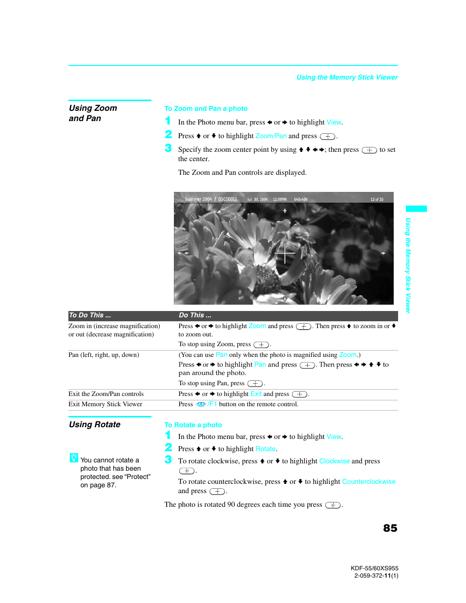 Using zoom and pan, Using rotate | Sony GRAND WEGA KDF-55XS955 User Manual | Page 85 / 129