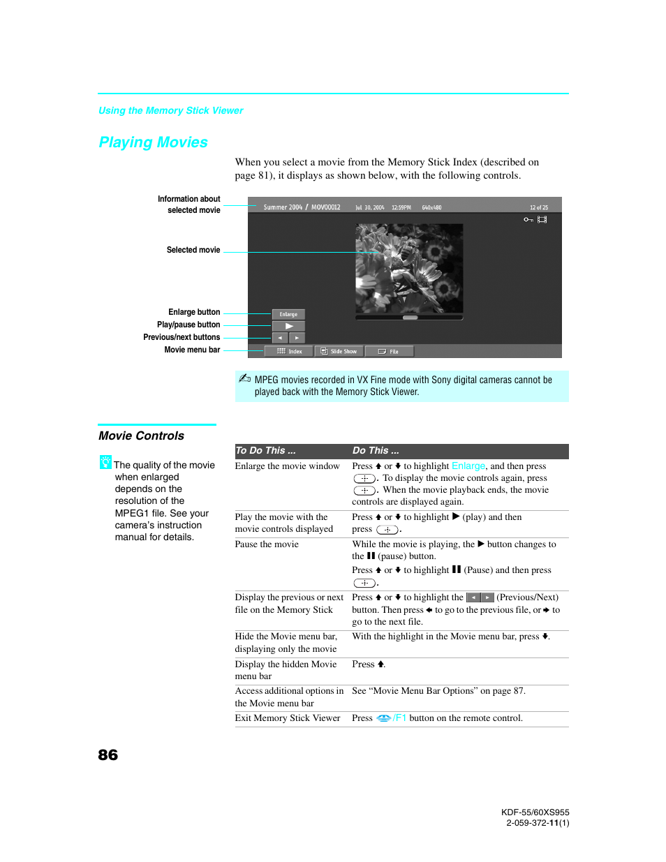 Playing movies, Movie controls | Sony GRAND WEGA KDF-55XS955 User Manual | Page 86 / 129