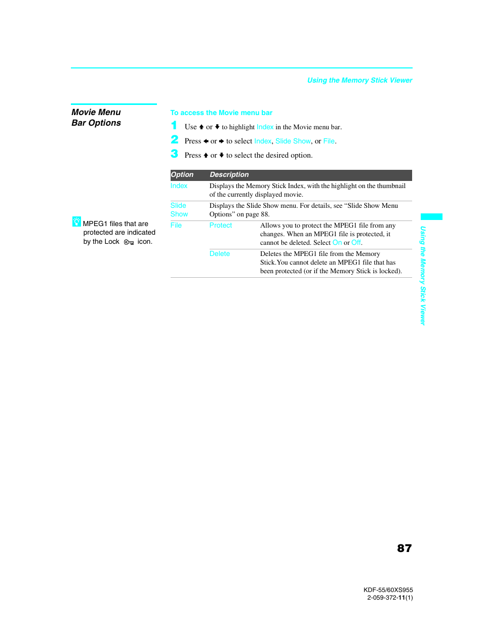 Movie menu bar options | Sony GRAND WEGA KDF-55XS955 User Manual | Page 87 / 129