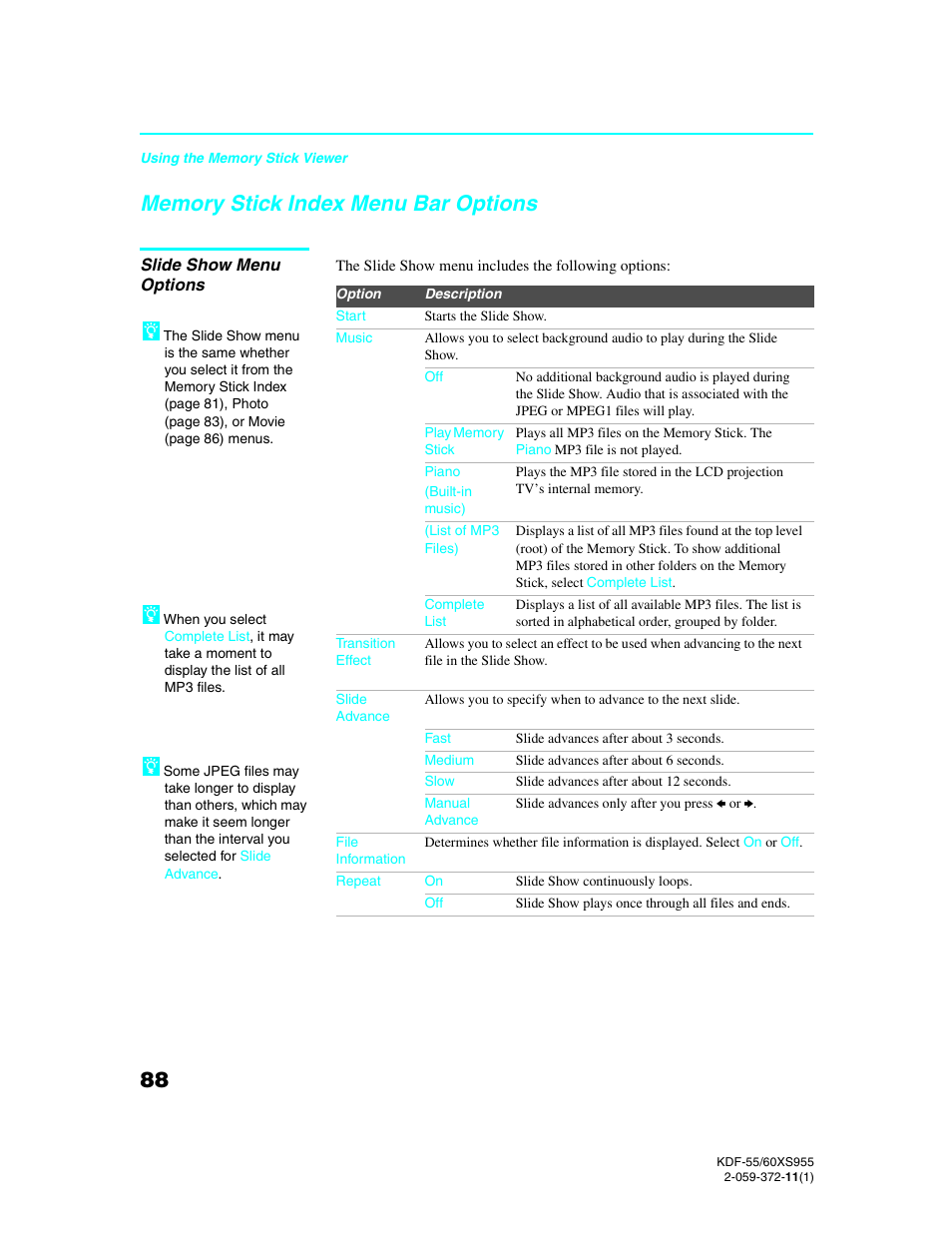 Memory stick index menu bar options, Slide show menu options | Sony GRAND WEGA KDF-55XS955 User Manual | Page 88 / 129