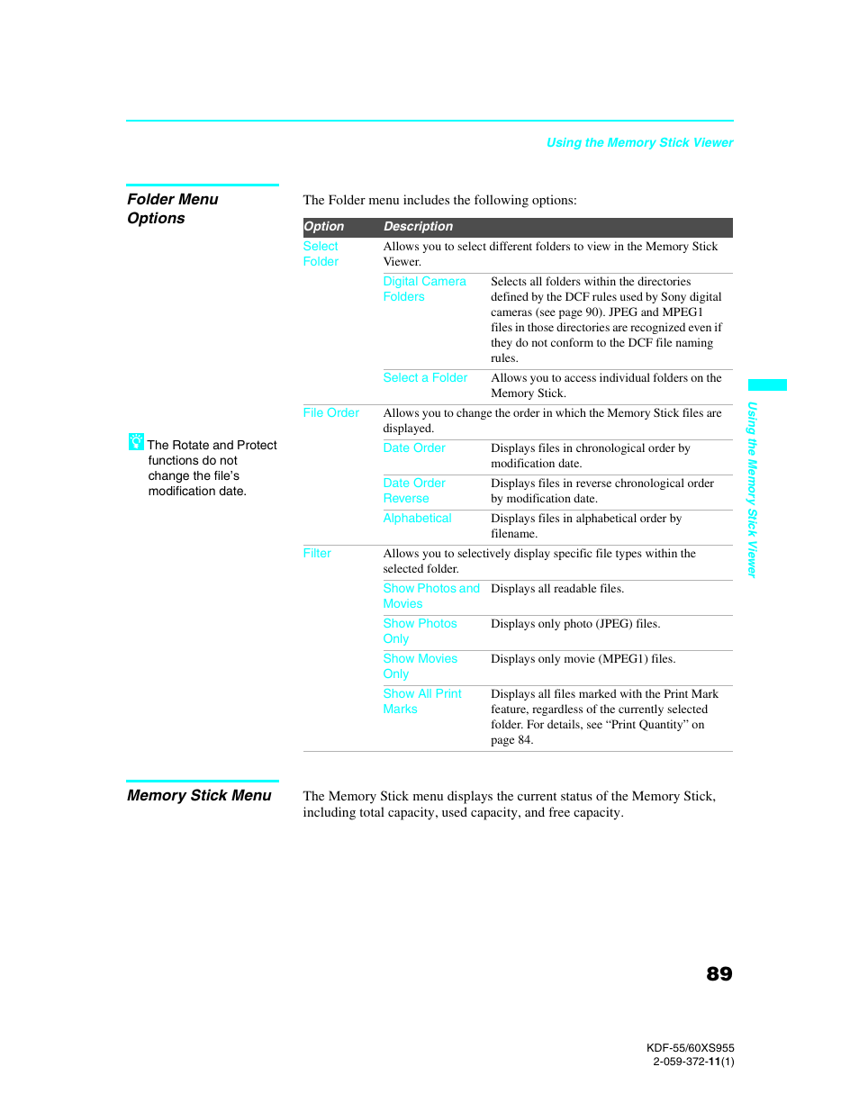 Folder menu options, Memory stick menu | Sony GRAND WEGA KDF-55XS955 User Manual | Page 89 / 129